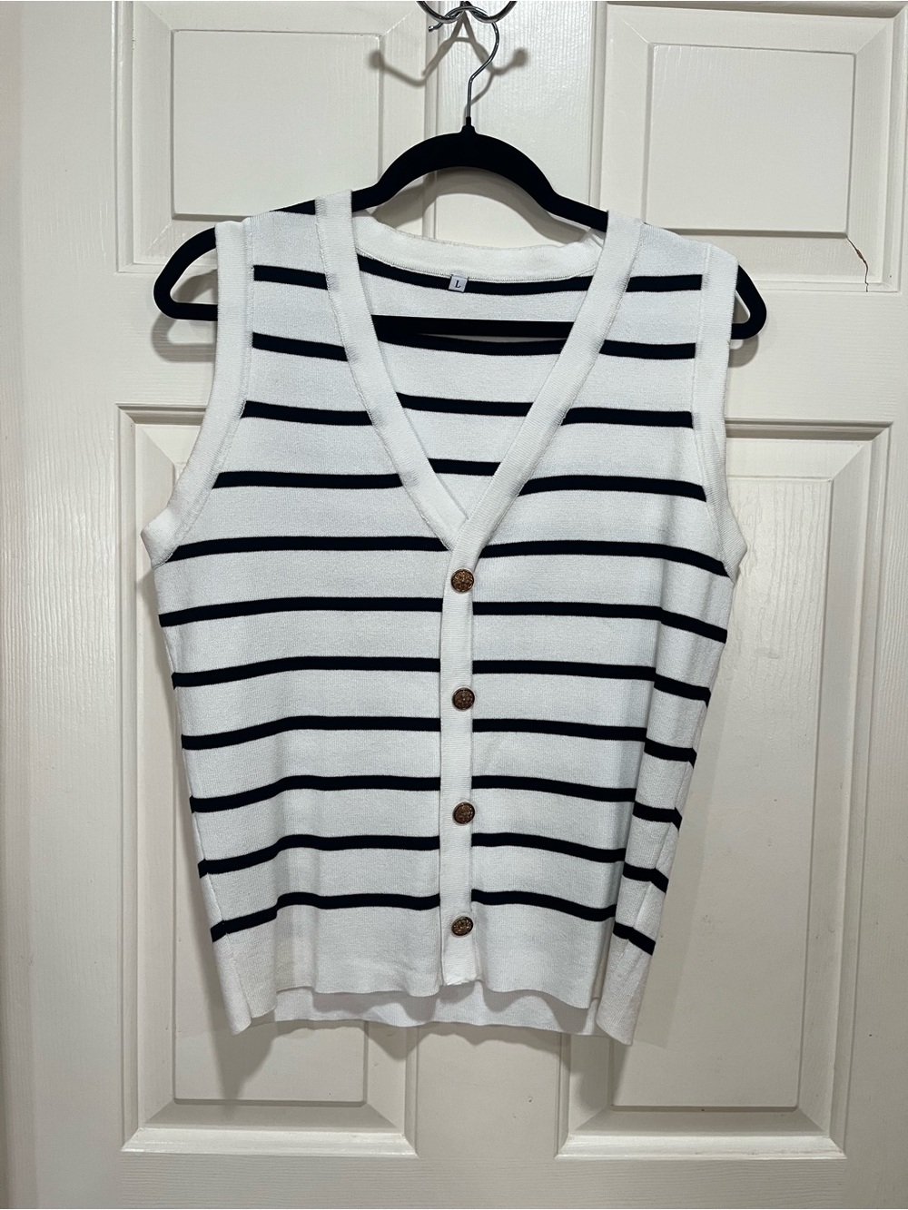 Striped V-Neck Button Front Sleeveless Top - White/Black